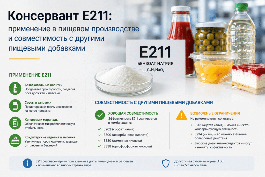 Консервант Е211: применение в пищевом производстве и совместимость с другими пищевыми добавками
